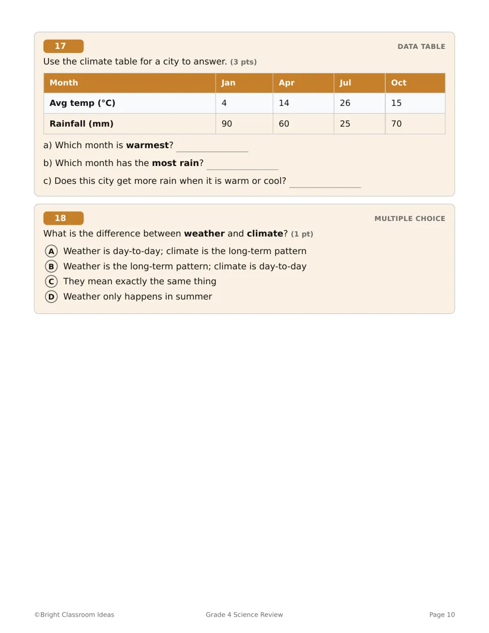 Earth Science questions 17–18 use monthly temperature and rainfall data and compare weather with climate
