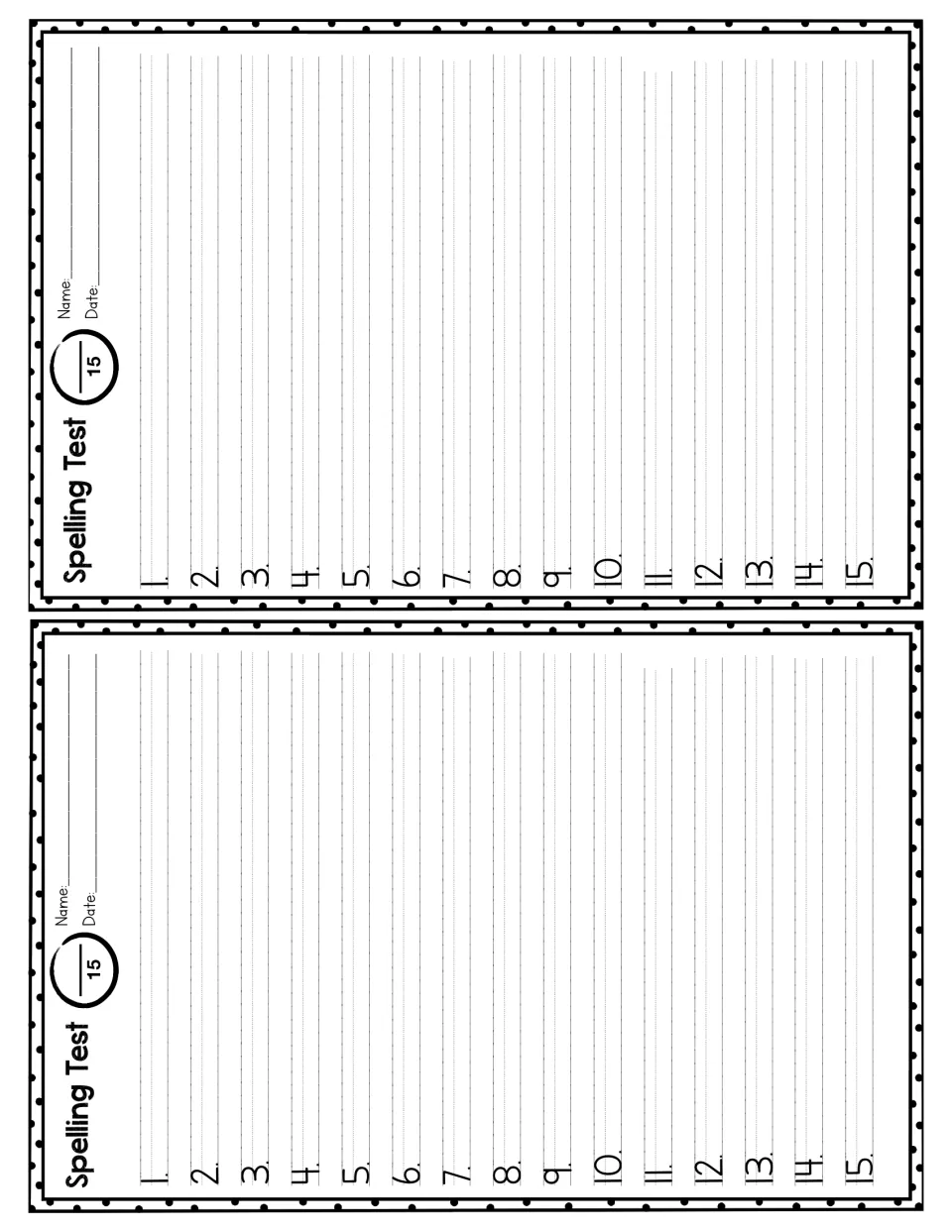 Spelling Test forms, two per page: students write 15 dictated words and the teacher scores each out of 15