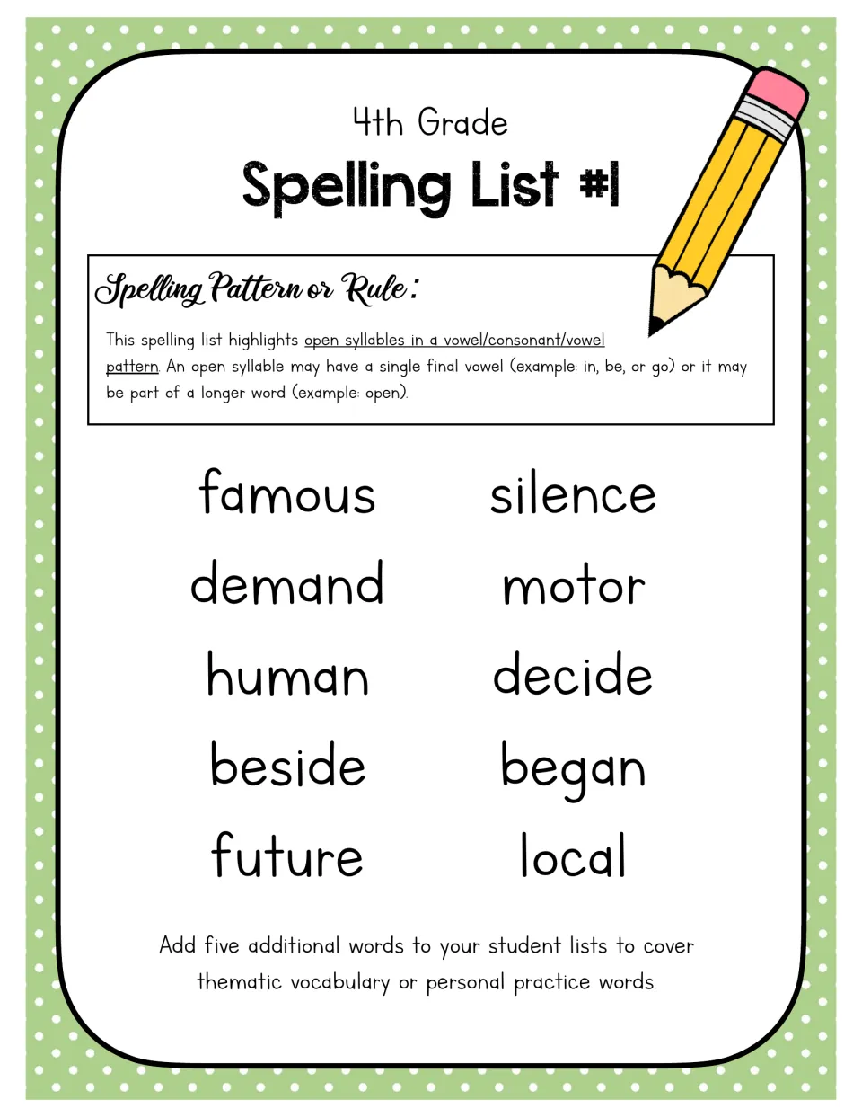 Spelling List #1 on open syllables in a vowel/consonant/vowel pattern: 10 words such as famous, human, future and silence