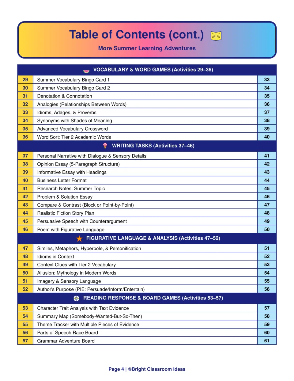 Table of contents for activities 29 to 57: vocabulary games, writing tasks, figurative language and board games