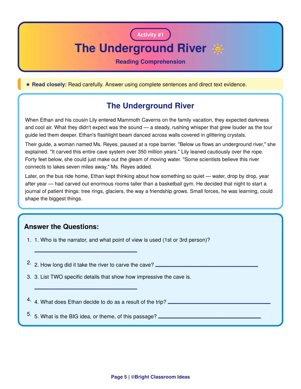The Underground River passage: students answer 5 questions on narrator point of view, cave details and the story's theme