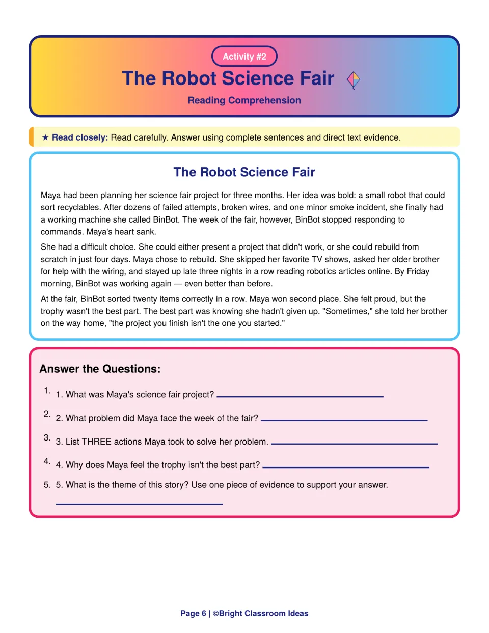 The Robot Science Fair story: students identify Maya's problem, list her three actions and state the theme with evidence