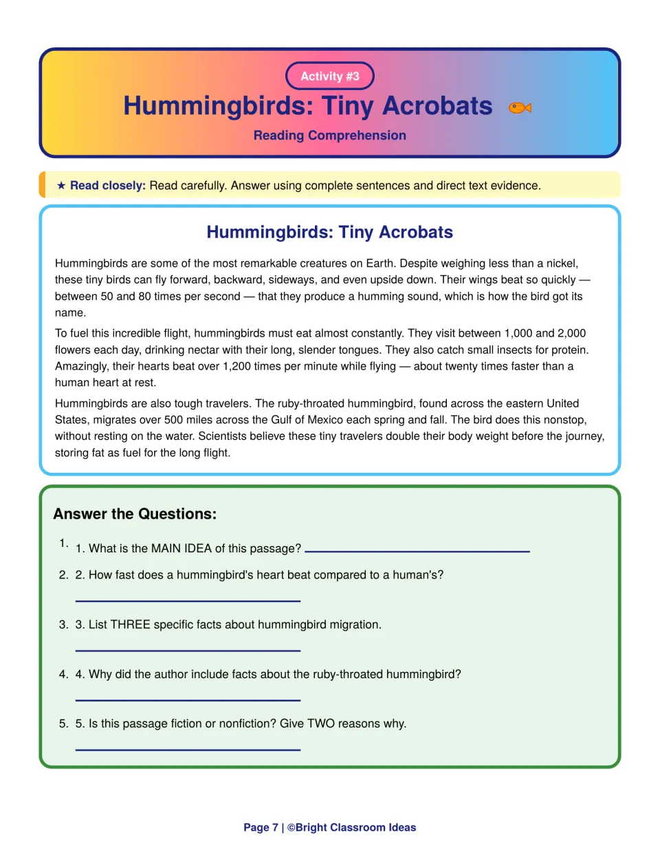 Hummingbirds: Tiny Acrobats nonfiction passage: students find the main idea, migration facts and author's purpose