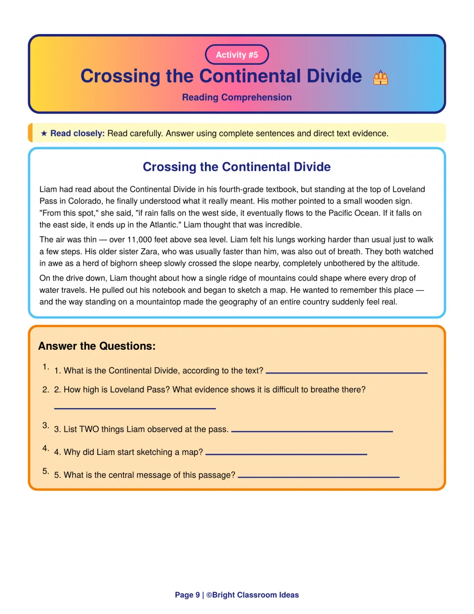 Crossing the Continental Divide passage: students define the Divide, cite altitude evidence and find the central message