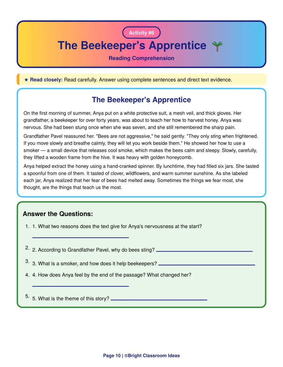 The Beekeeper's Apprentice story: students explain Anya's fear, what a smoker does, how she changes and the theme