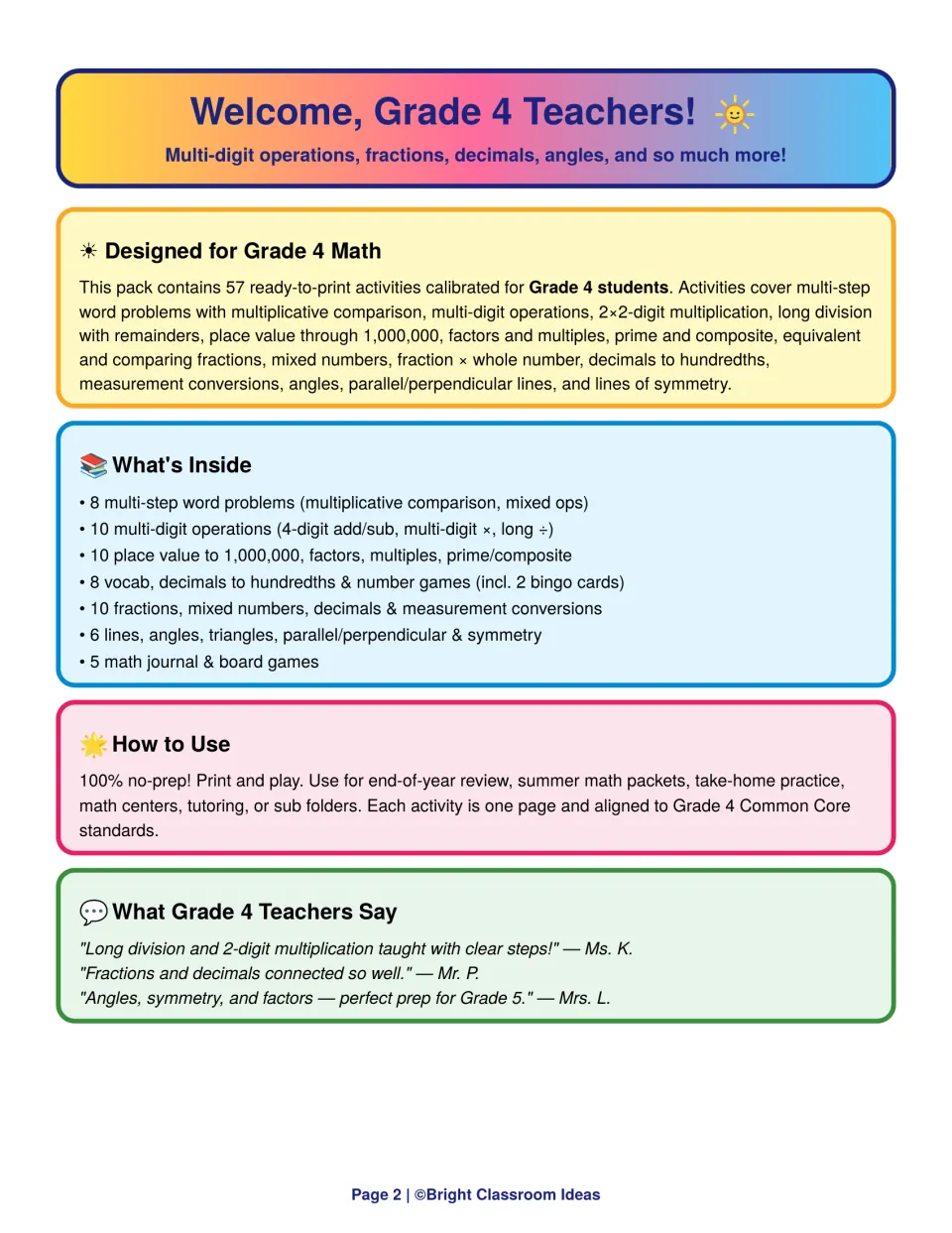 Teacher welcome page: overview of the 57 activities, a What's Inside list by topic, How to Use ideas and teacher quotes