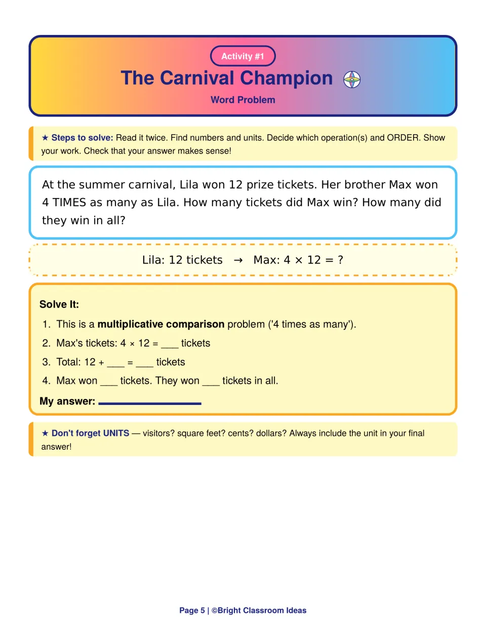The Carnival Champion: multiplicative comparison problem where Max wins 4 times Lila's 12 tickets; students solve both parts
