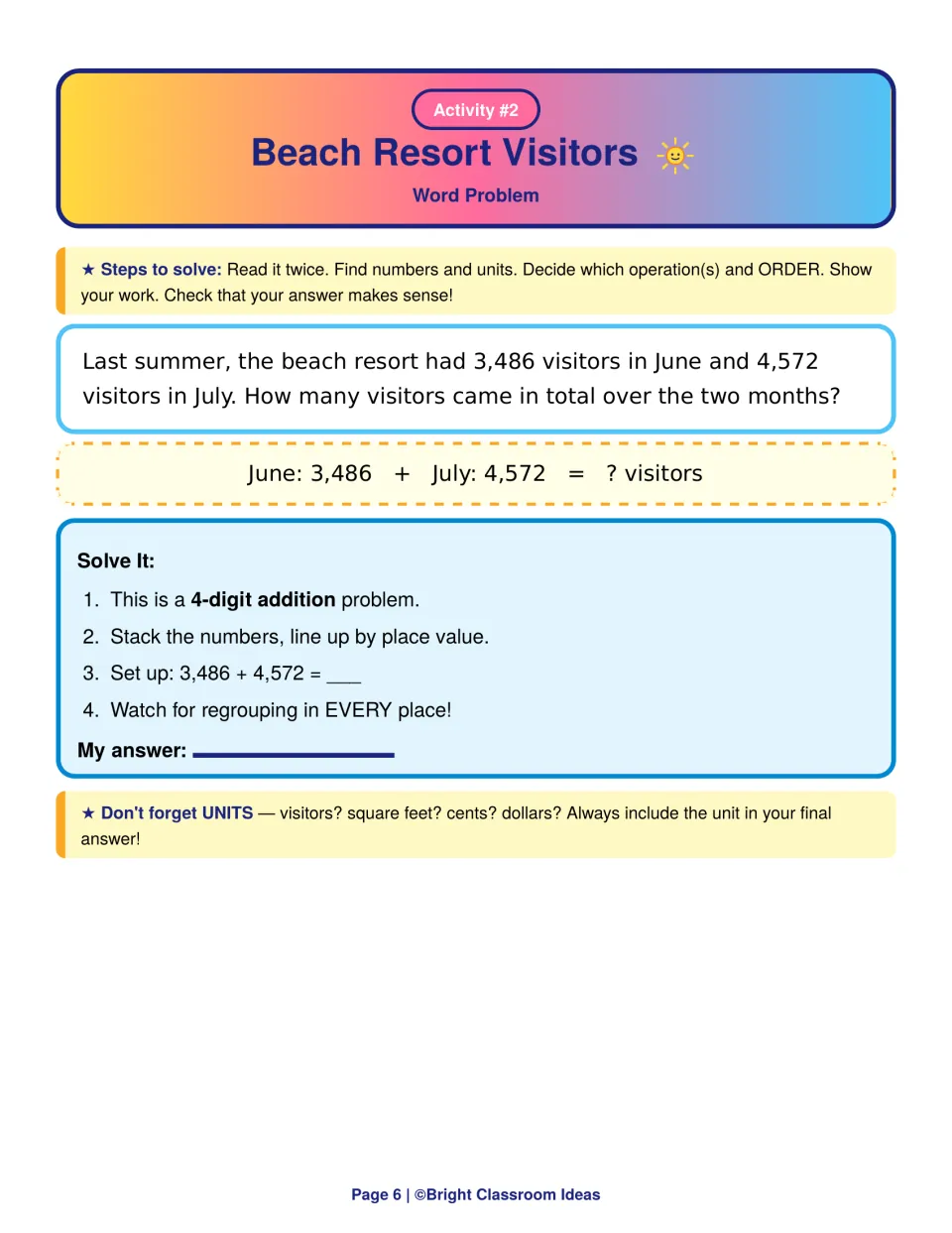 Beach Resort Visitors: 4-digit addition word problem; students add 3,486 June and 4,572 July visitors with regrouping