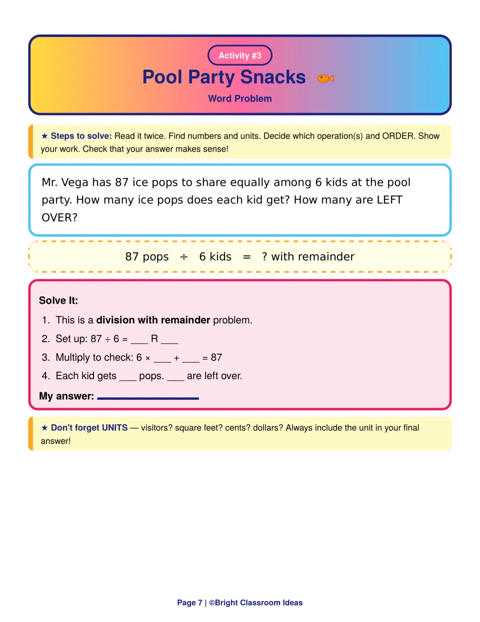Pool Party Snacks: division with remainder problem sharing 87 ice pops among 6 kids; students divide, then multiply to check