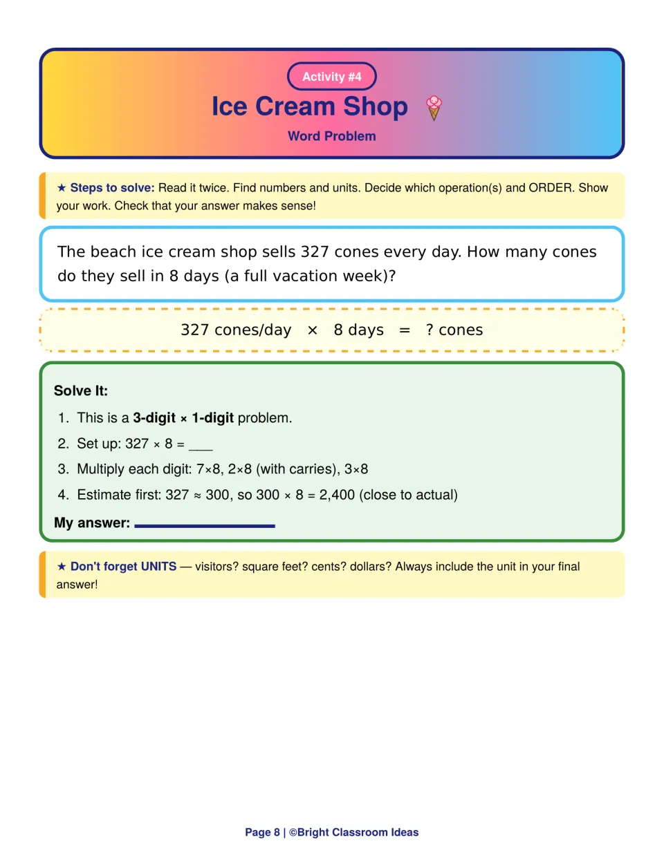 Ice Cream Shop: 3-digit by 1-digit multiplication word problem, 327 cones a day for 8 days, estimating 300 x 8 first