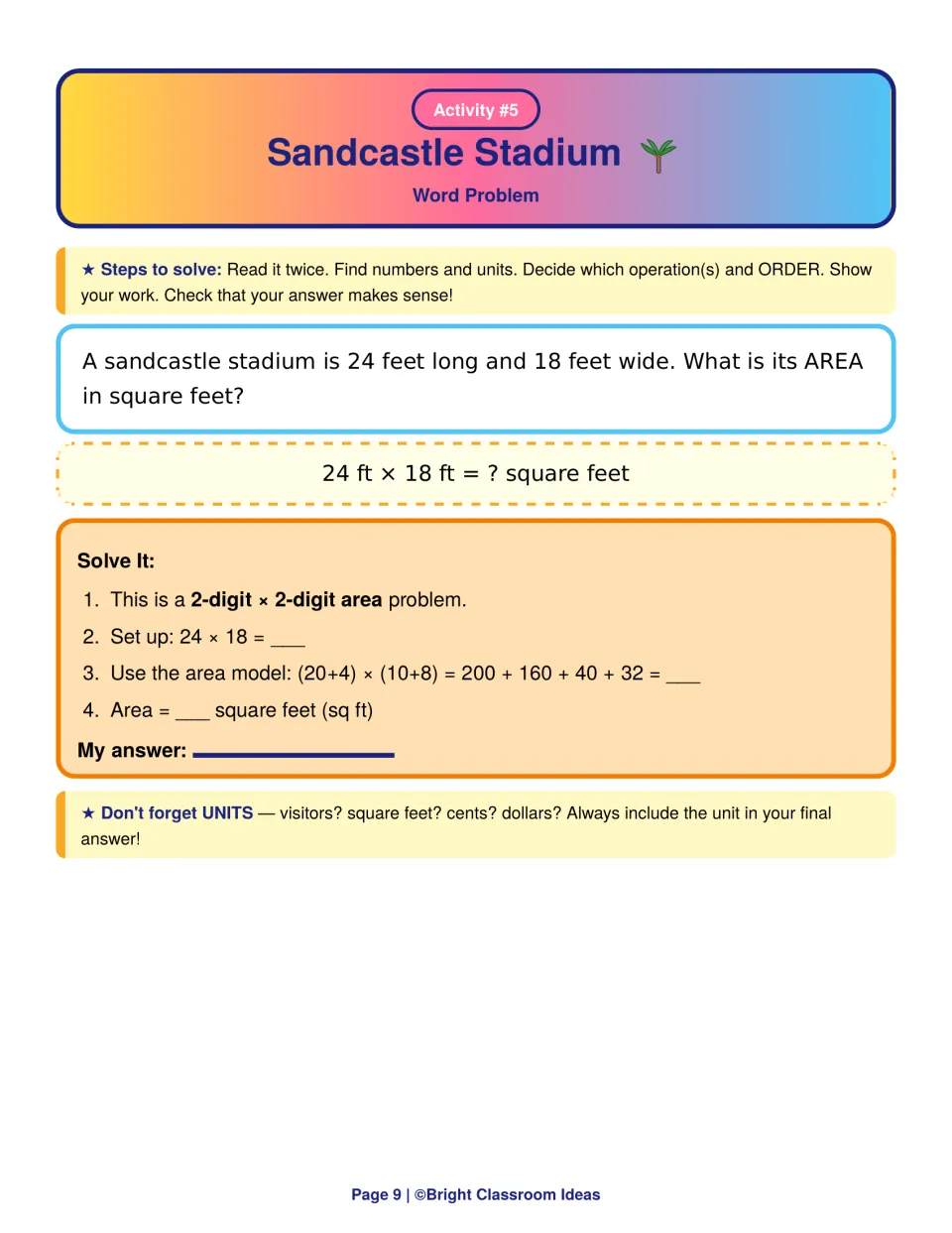 Sandcastle Stadium: area word problem for a 24 by 18 foot stadium; students multiply 2-digit numbers using the area model
