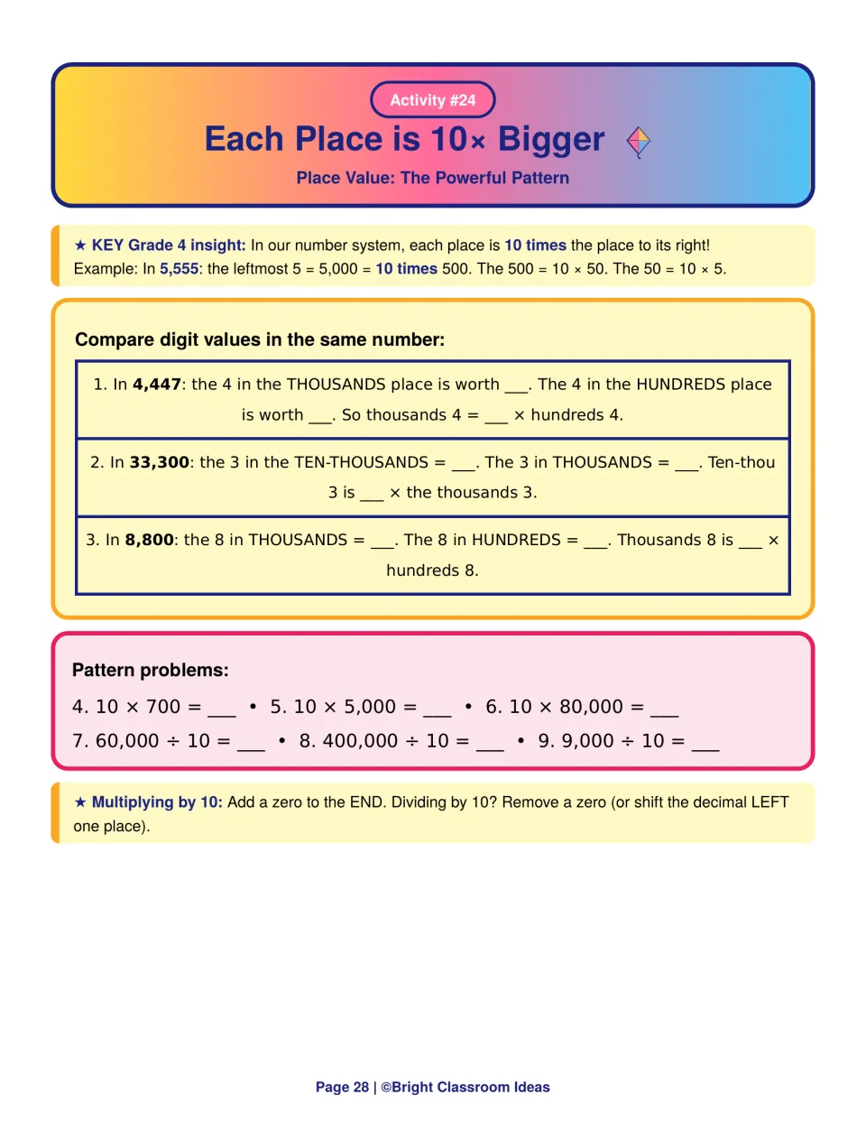 Place value, each place is 10x bigger: students compare digit values in 4,447 and 33,300, then multiply and divide by 10