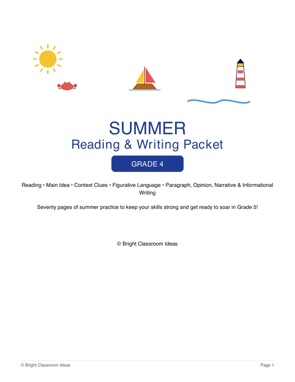 Grade 4 summer reading and writing packet cover listing main idea, context clues, and writing practice