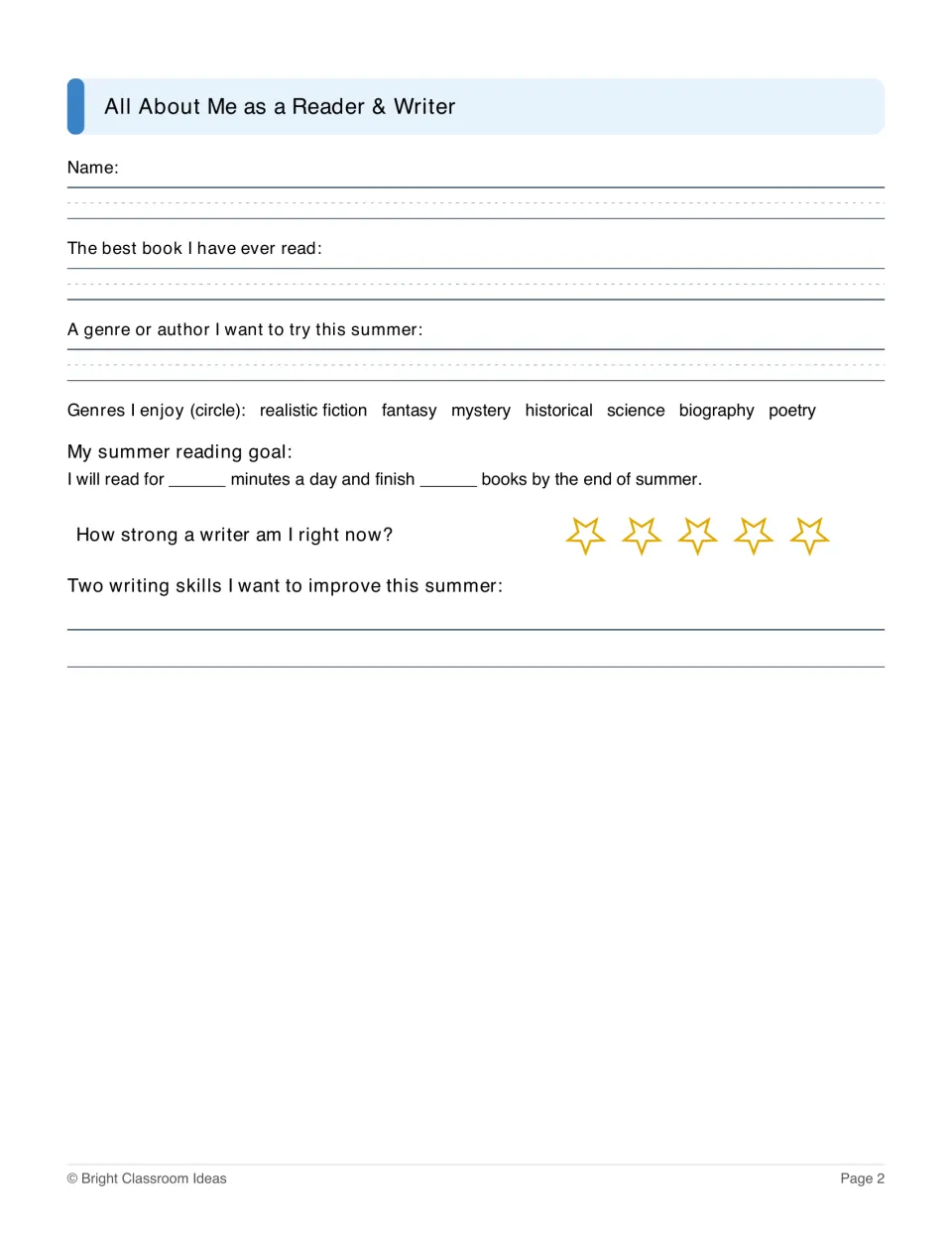 Reader and writer profile asking about a favorite book, genres, summer reading goals, and writing skills