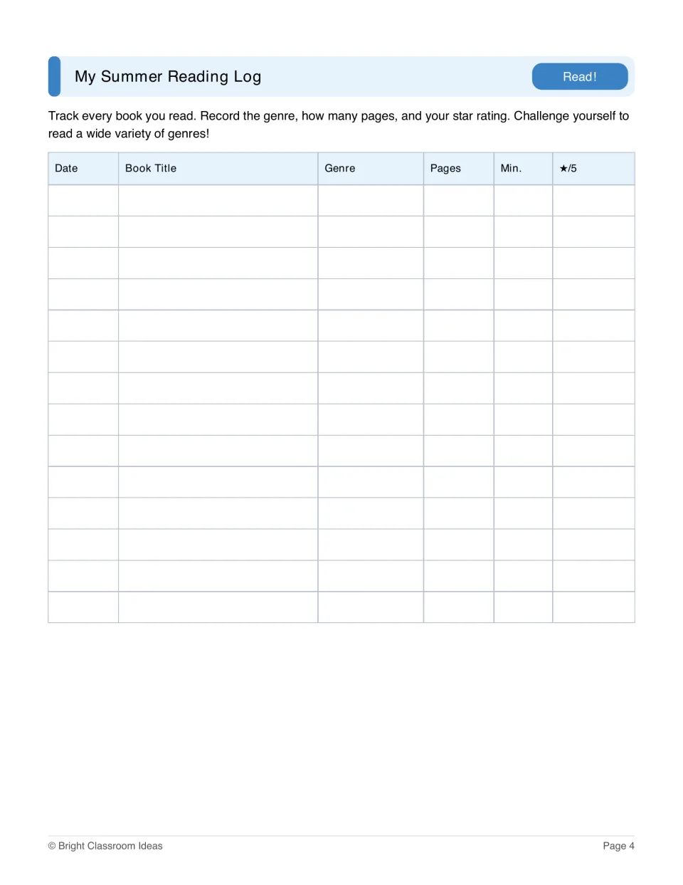 Summer reading log for recording each book's date, title, genre, pages, reading minutes, and star rating