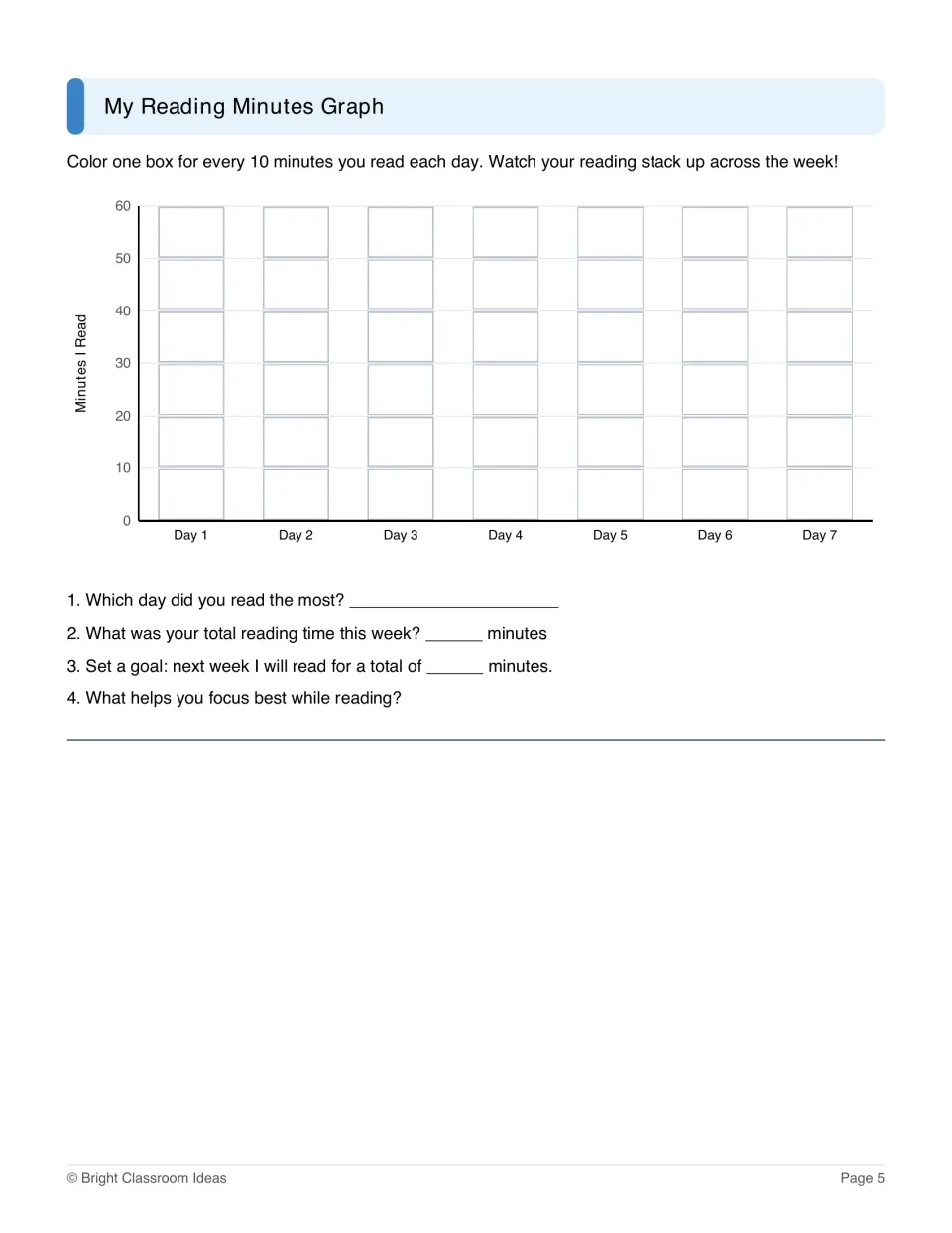 Reading minutes graph tracking seven days in 10-minute steps, with questions about totals and next week's goal
