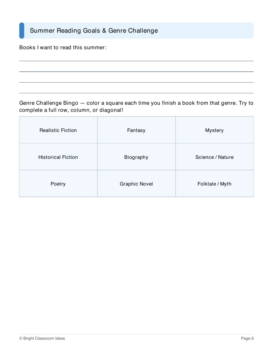 Summer reading goals and genre bingo challenge featuring realistic fiction, fantasy, mystery, and six more