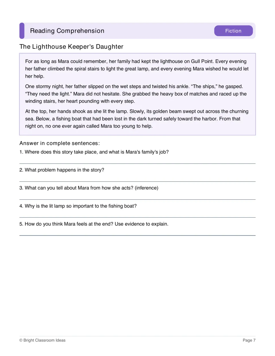 Fiction passage The Lighthouse Keeper's Daughter with five questions about Mara's actions and story events