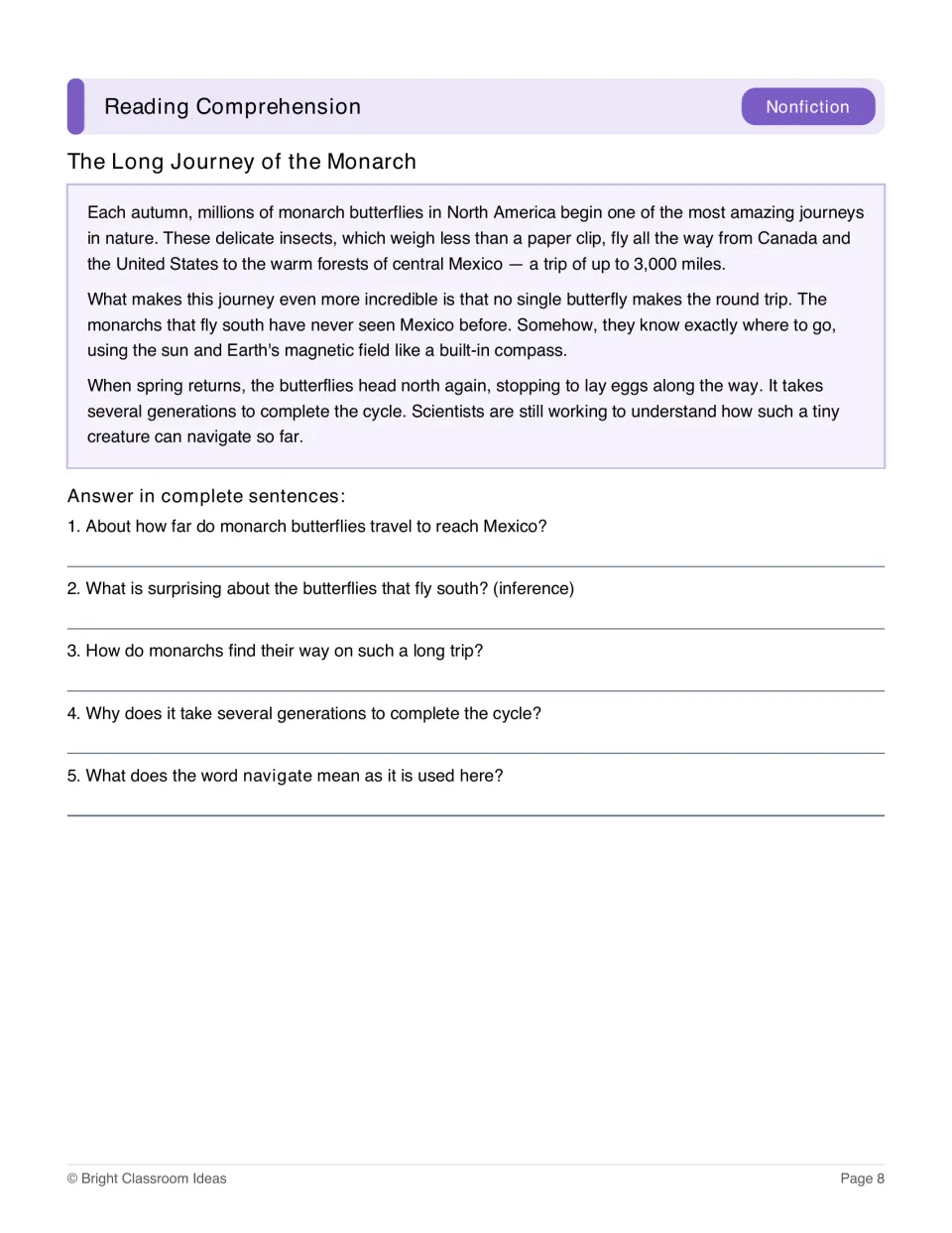 Nonfiction passage The Long Journey of the Monarch with five questions about migration and navigation