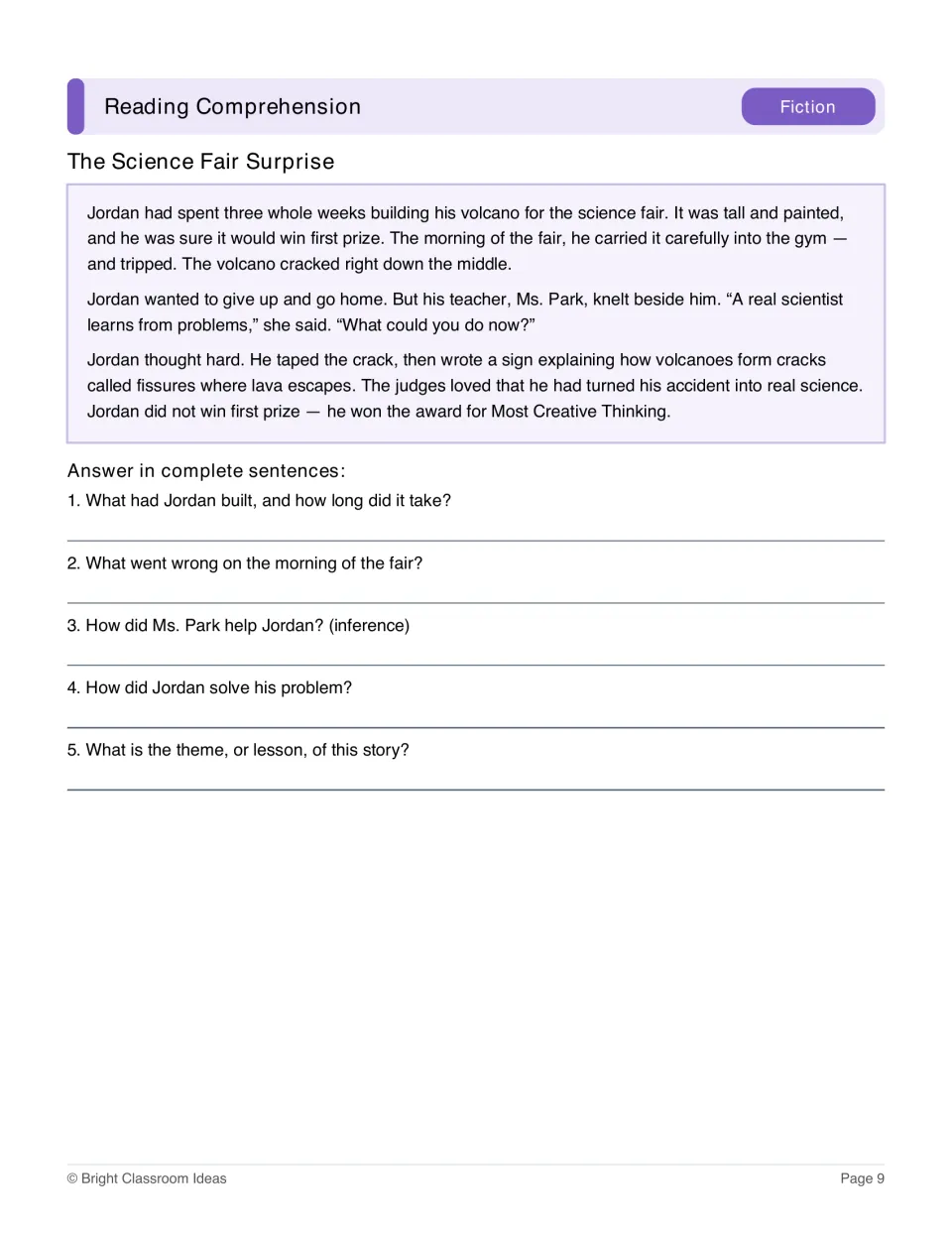 Fiction passage The Science Fair Surprise with five questions about Jordan's broken volcano and story theme