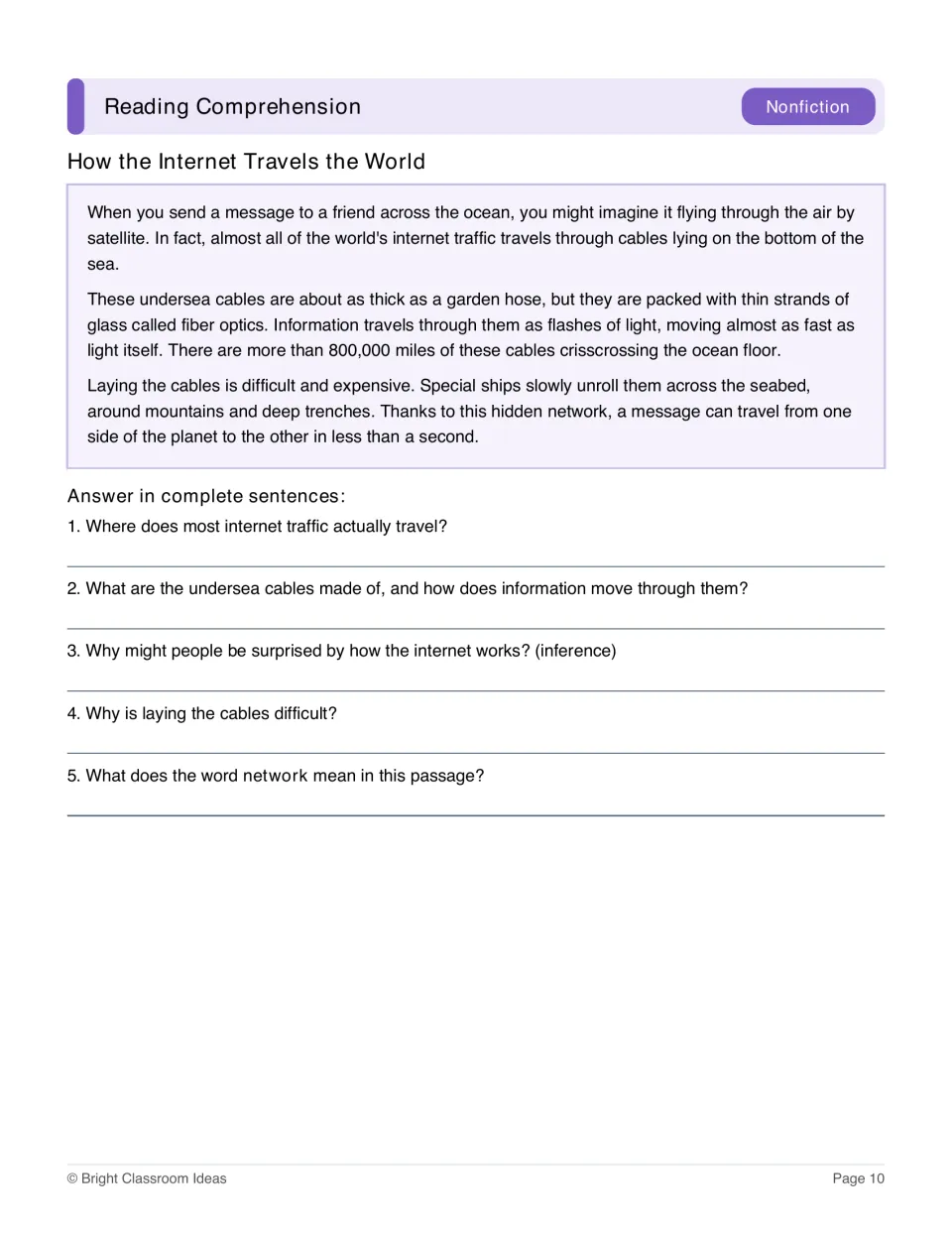 Nonfiction passage How the Internet Travels the World with five questions about undersea cables and vocabulary
