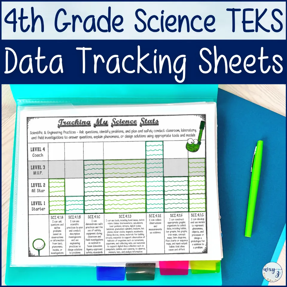Science data tracking sheets cover: a sample tracker where students shade Starter to Coach bars for investigation skills