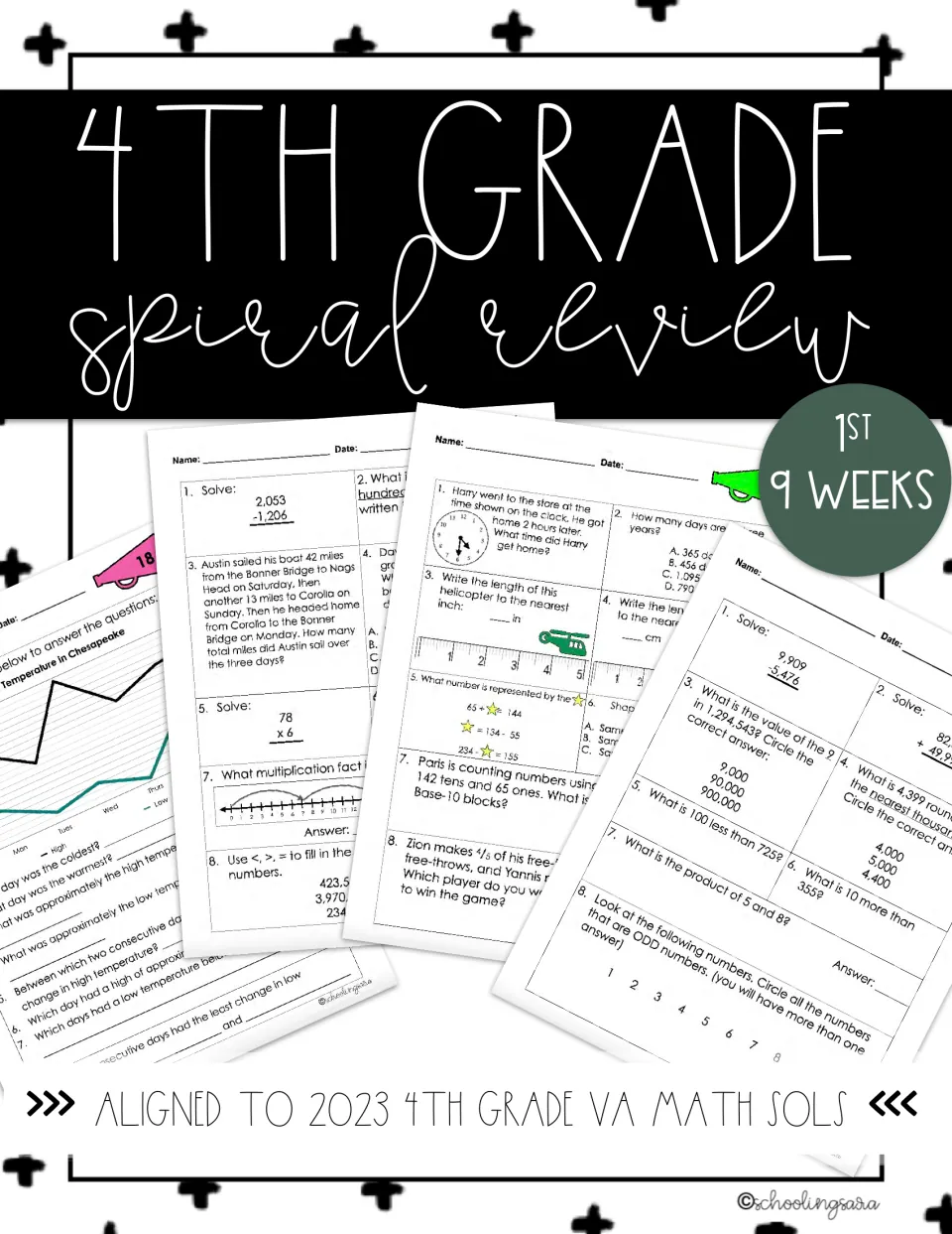 Cover: 4th grade spiral review for the 1st 9 weeks, aligned to 2023 VA math SOLs, showing sample daily math review sheets