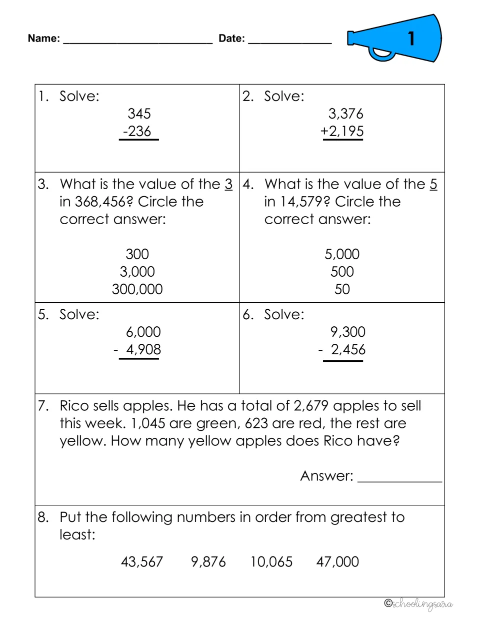 Review sheet 1: students add and subtract, find digit values, solve an apple word problem and order numbers
