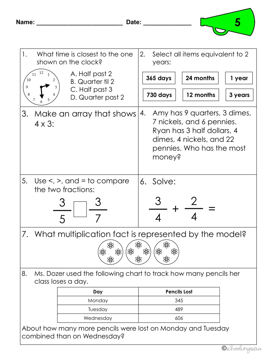 Review sheet 5: students read a clock, compare coins and fractions, draw a 4 x 3 array and use a pencils table