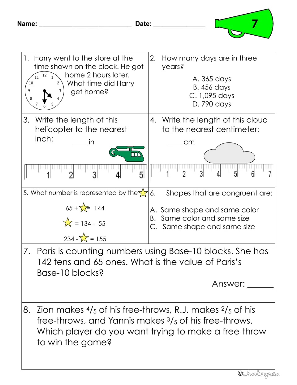 Review sheet 7: students find elapsed time, measure in inches and centimeters, find missing numbers and compare fifths