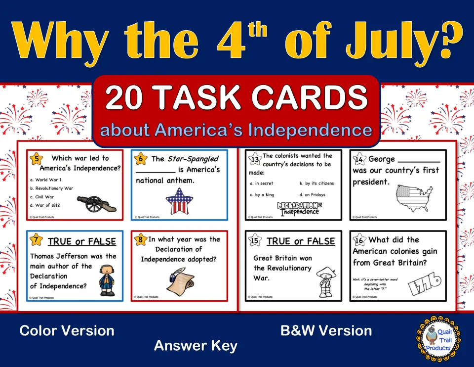 Why the 4th of July? cover: 20 task cards about America's Independence in color and B&W versions, plus an answer key