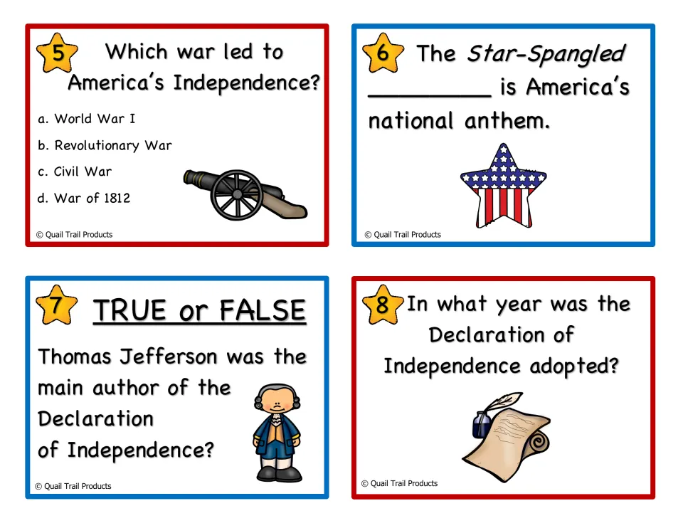 Revolution task cards 5-8 in color: war that won independence, national anthem blank, Jefferson true/false, year adopted