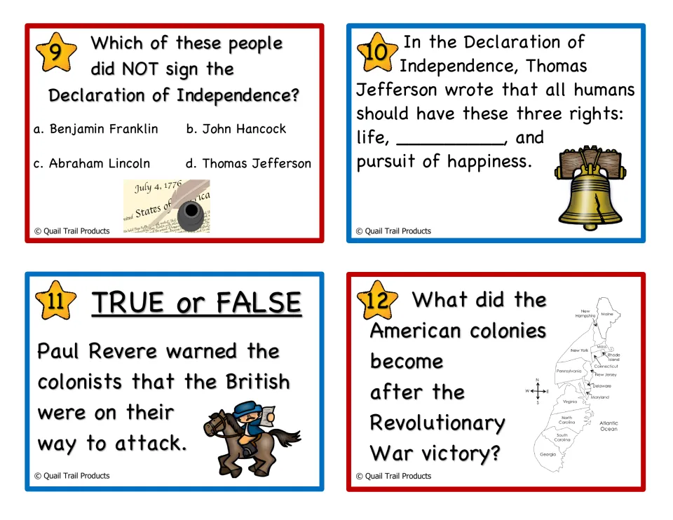 Declaration task cards 9-12: who did not sign, fill in Jefferson's rights, Paul Revere true/false, what colonies became