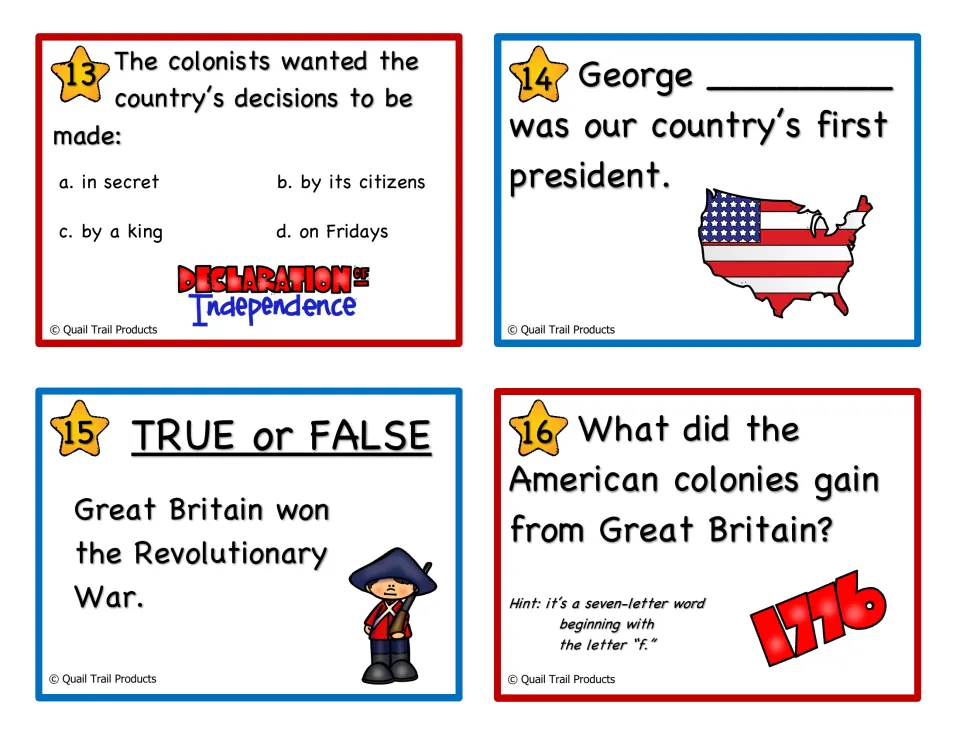 Self-government task cards 13-16: who should make decisions, first president, who won the war, what colonies gained