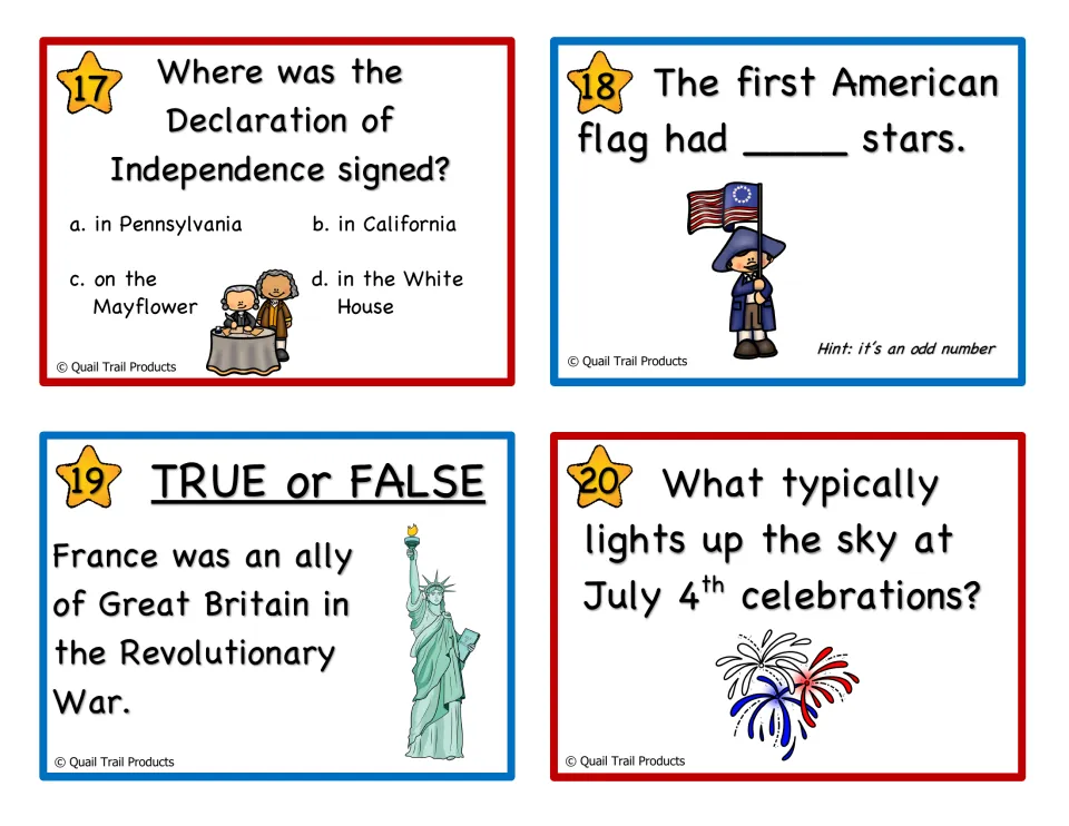 Task cards 17-20 in color: where the Declaration was signed, stars on the first flag, France true/false, July 4th fireworks