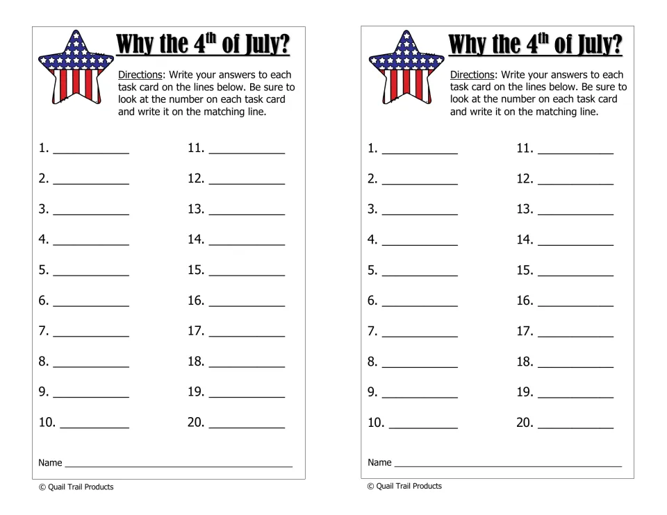 Why the 4th of July? recording sheet: students write each card's answer by number, 1 to 20, two half-page copies