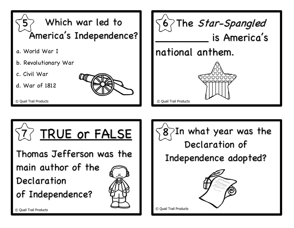 Black-and-white task cards 5-8: which war led to independence, Star-Spangled blank, Jefferson as author, Declaration year