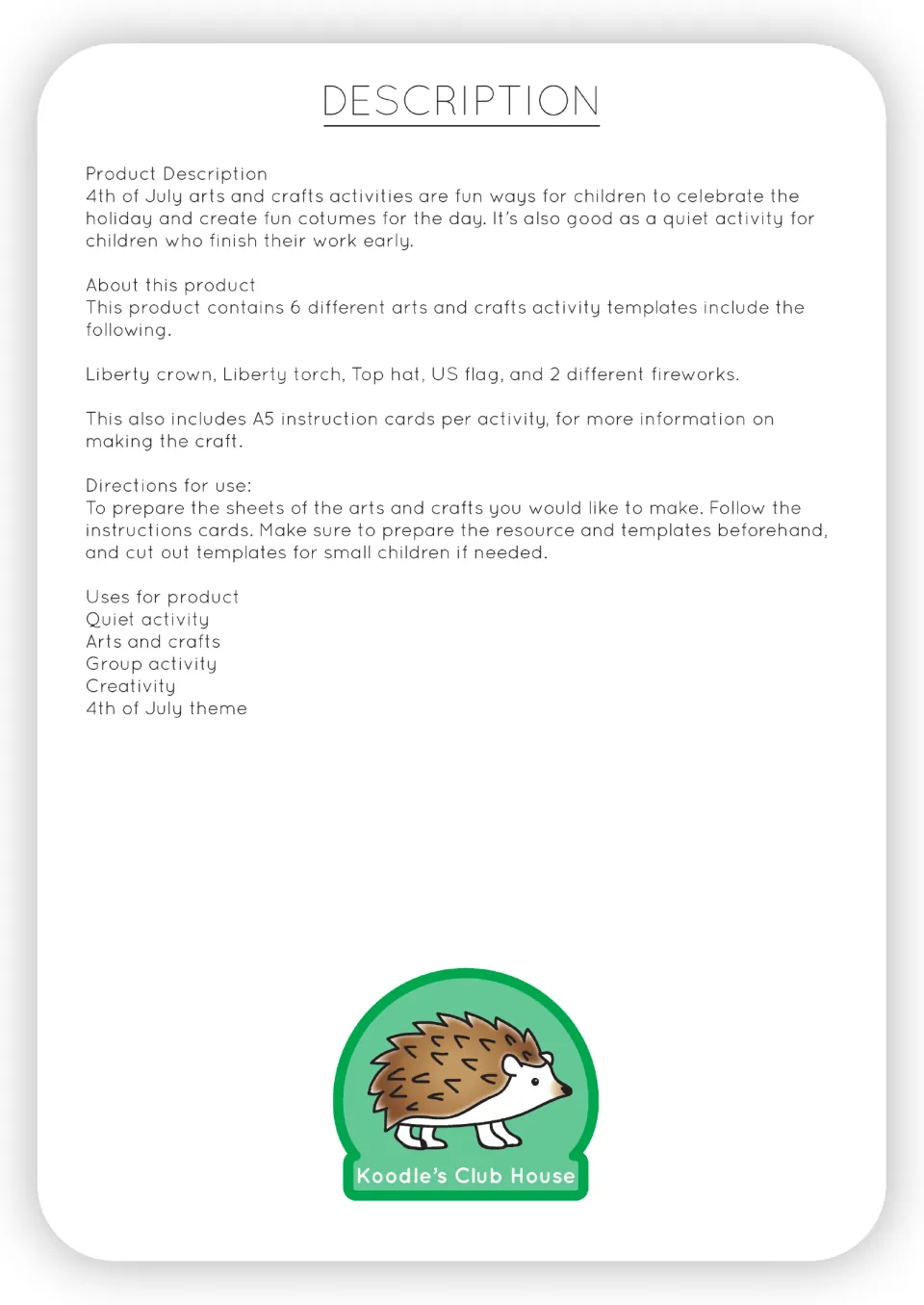 Product description listing six crafts (Liberty crown, torch, top hat, US flag, two fireworks) and directions for prep