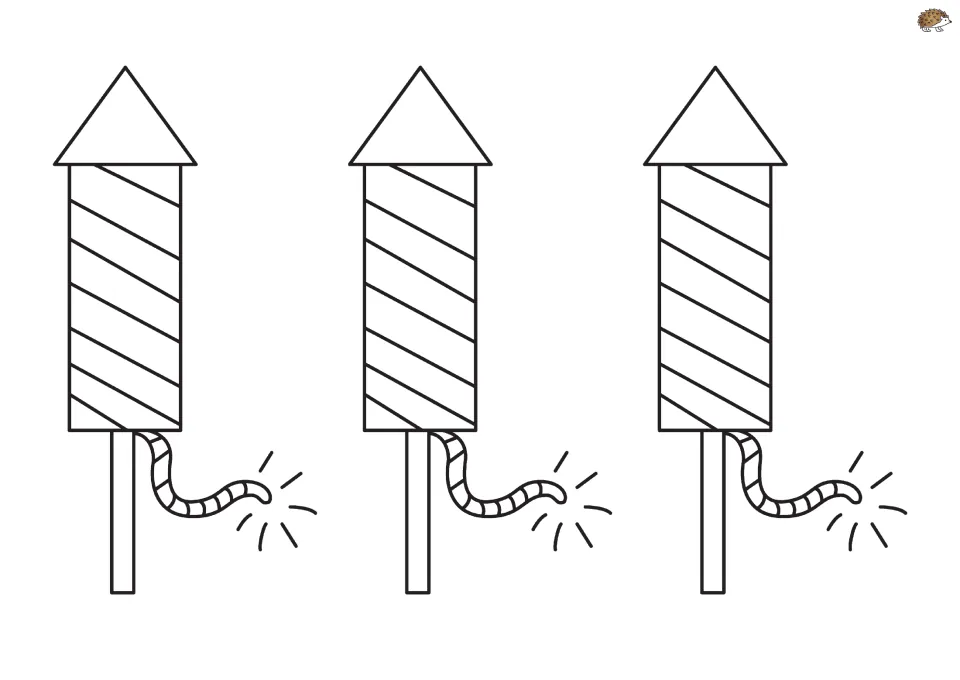 Firework rockets template: three striped rockets on sticks with lit fuses for children to color and cut out