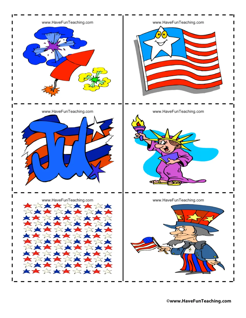 Fourth of July picture cards: rocket firework, smiling-star flag, July lettering, Statue of Liberty, Uncle Sam