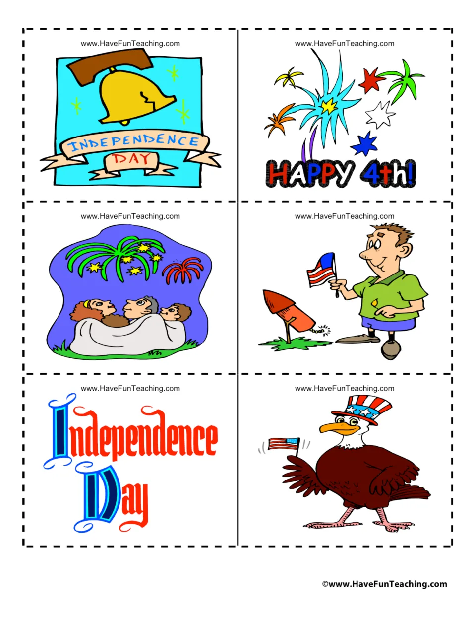 Independence Day cards: Liberty Bell banner, Happy 4th! fireworks, family at fireworks, man with flag, eagle in top hat