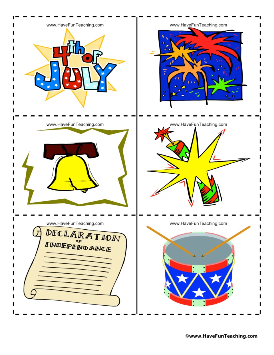 Holiday symbol cards: 4th of July title, fireworks, Liberty Bell, firecracker, Declaration of Independence, drum