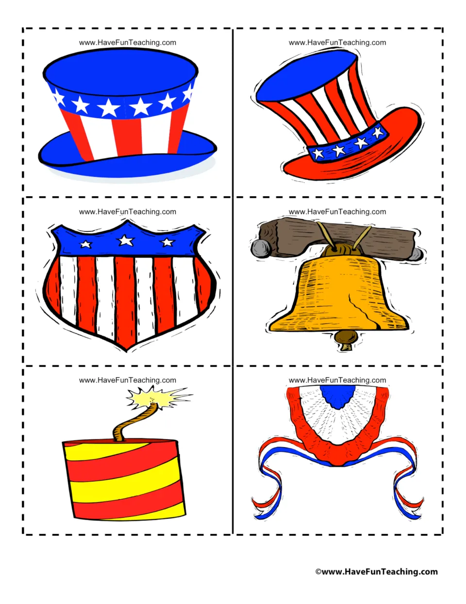 Patriotic cards in red, white and blue: two striped top hats, star shield, cracked bell, lit firecracker, bunting
