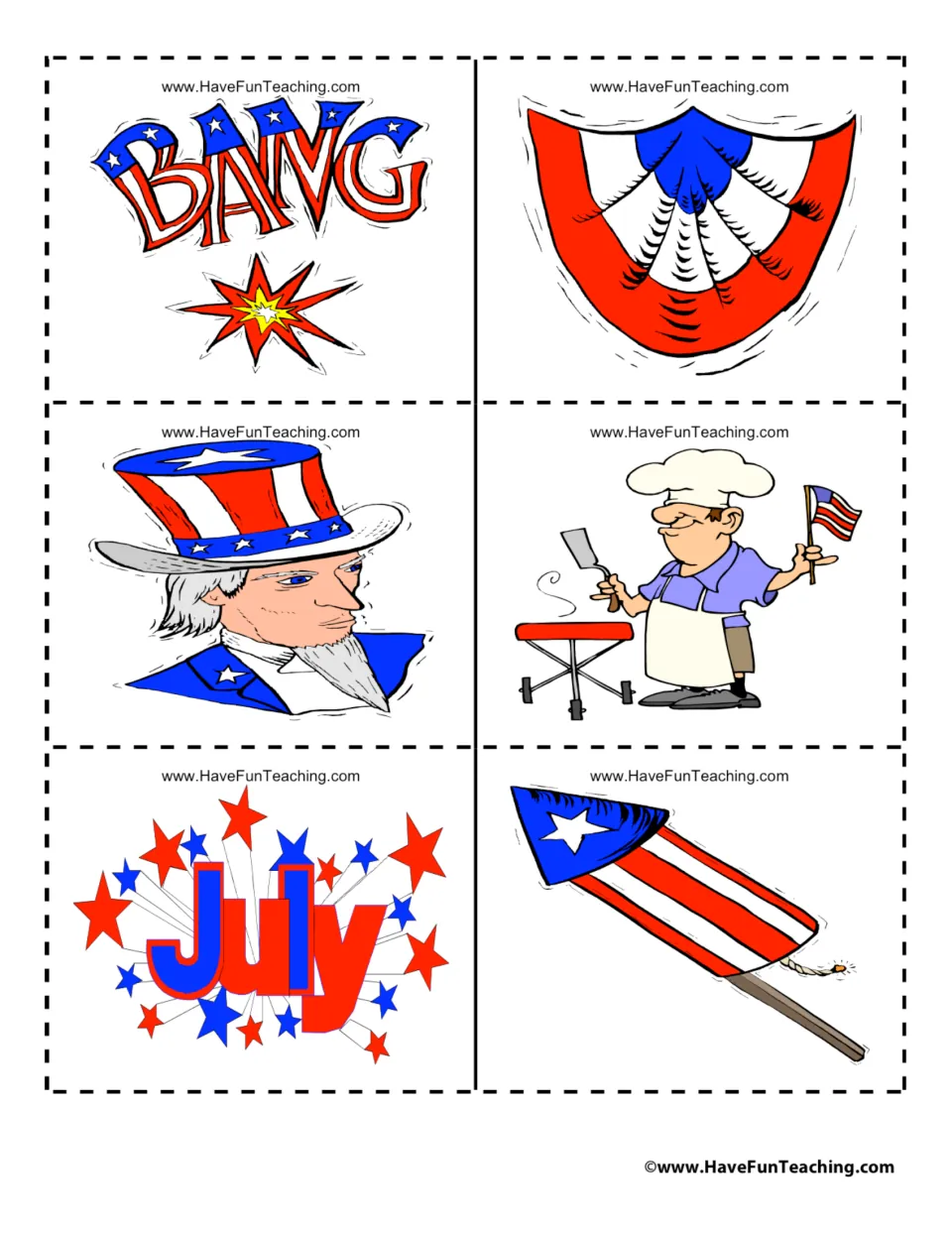 Celebration cards: BANG lettering with burst, flag bunting, Uncle Sam portrait, chef at a grill, July stars, rocket