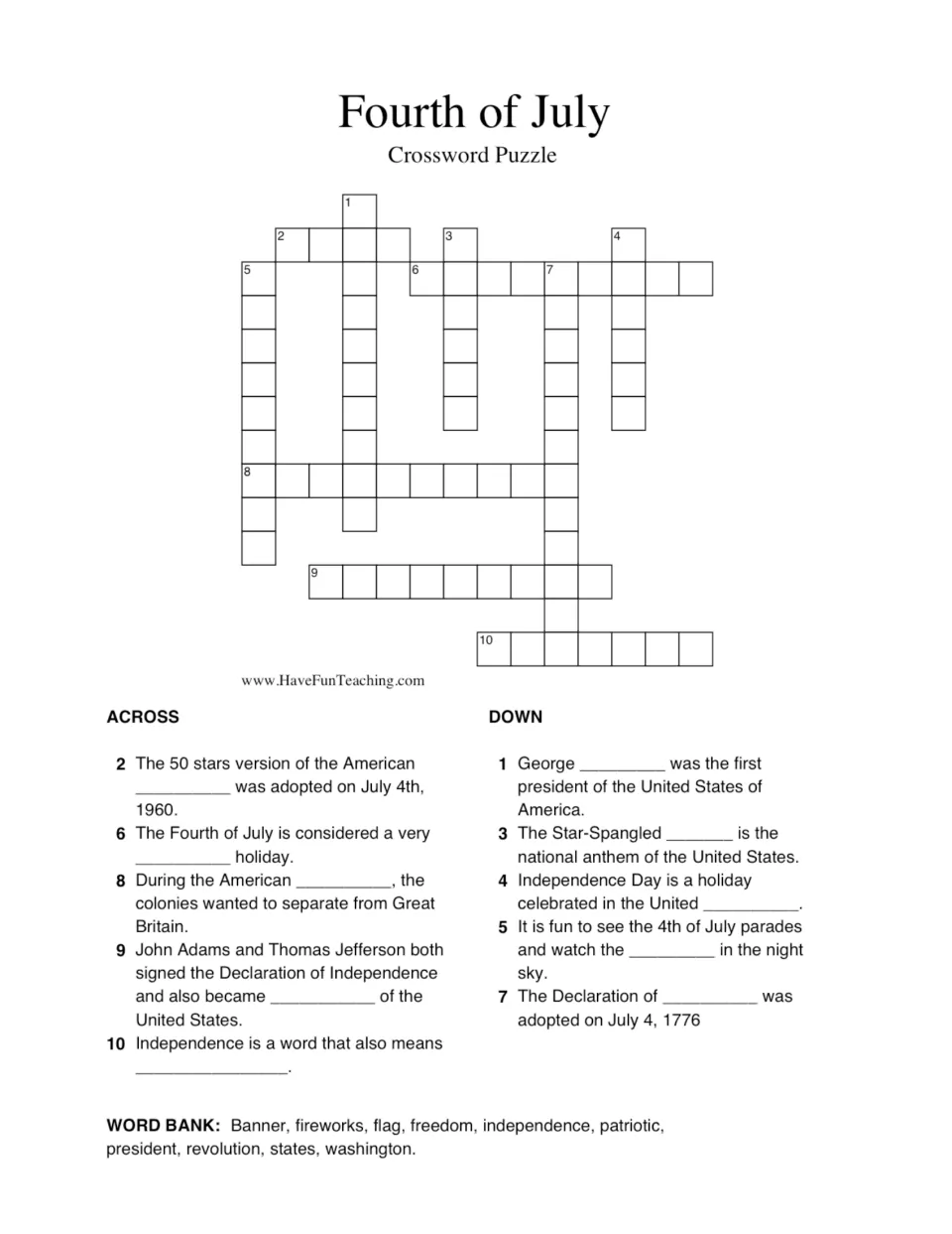 Fourth of July vocabulary: students solve 10 across and down clues on flag, anthem and 1776 using a word bank