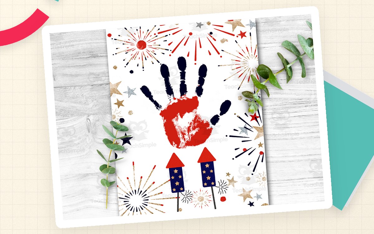 Patriotic handprint-art preview with red and blue fireworks and a handprint flag design.