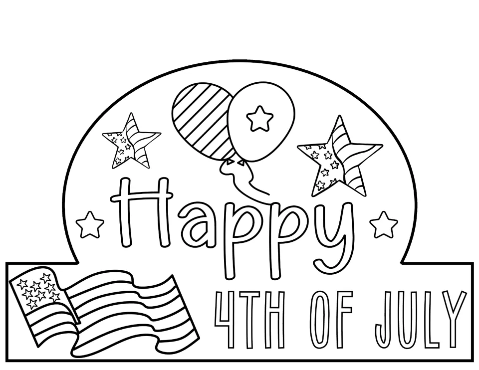 Happy 4th of July crown front to color and cut out, with balloons, patterned stars and a waving American flag