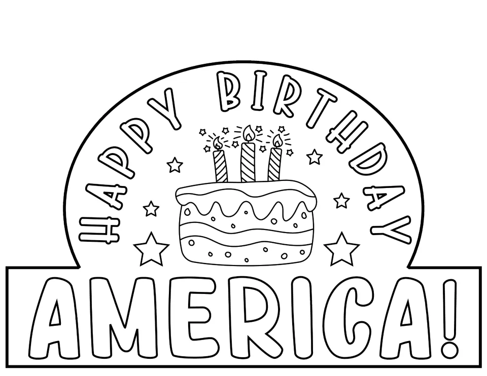 Happy Birthday America! crown front to color and cut out, showing a layered birthday cake with three lit candles and stars