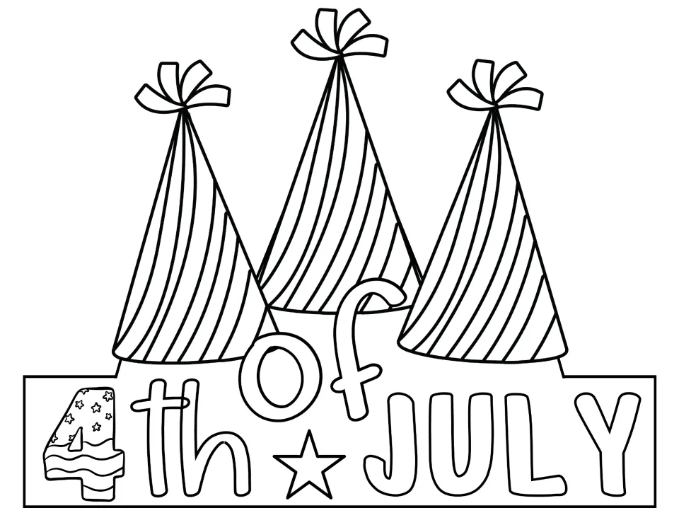4th of July crown front to color and cut out, topped by three striped party hats with bows above a starry number 4