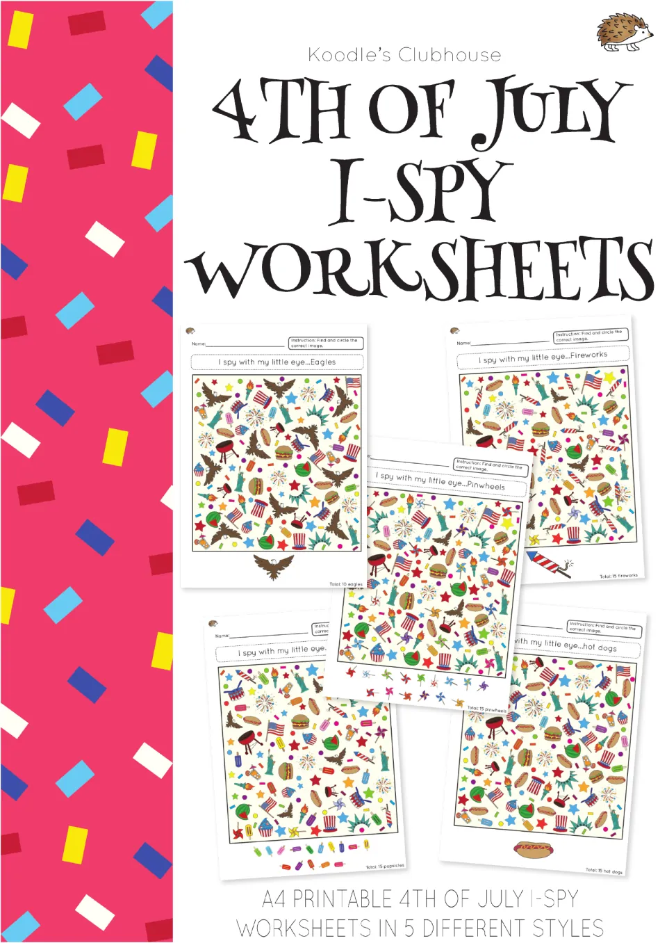 Cover for Koodle's Clubhouse 4th of July I-spy worksheets: A4 printables in 5 styles, shown as eagle and fireworks sheets